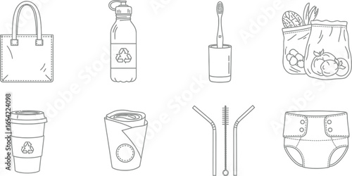 A set of zero waste items including a tote bag, water bottle, toothbrush, produce bag, coffee cup, food wrap, straws, and diaper