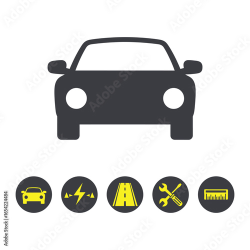 Car icon set featuring front view of vehicle with road electricity and repair symbols below it vector