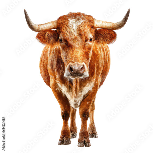 Majestic longhorn steer with a brown coat, standing and facing the camera, isolated