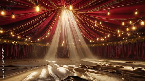 Empty circus tent interior with red fabric drapery, glowing string lights, and dramatic sunlight rays shining through the central ceiling
