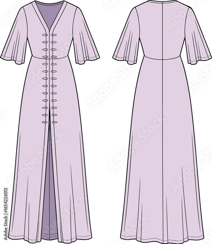 Elegant long dress, flutter sleeve design, button detail garment, front and back view, fashion CAD drawing, vector illustration, stylish apparel, technical sketch