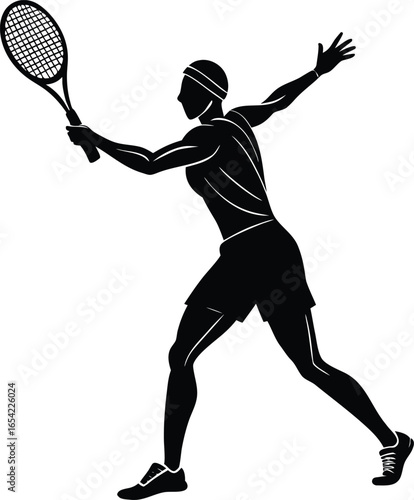 Silhouette of a female tennis player hitting a forehand with power and grace on white background