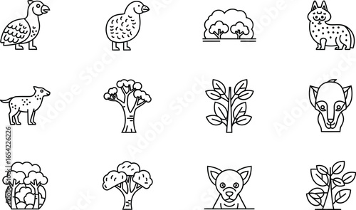 Collection of animal and plant icons featuring various species such as ducks, dogs, trees, bushes, foxes, wolves and koalas