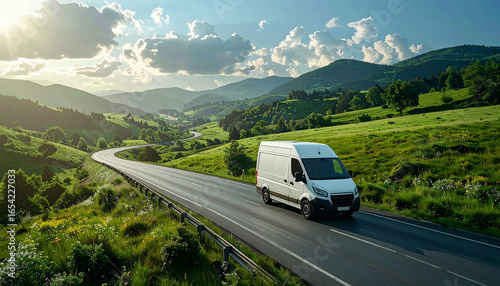 White delivery van driving on a scenic winding road through green hills and mountains at sunset, symbolizing transport, logistics, travel, freedom, and modern road transportation.