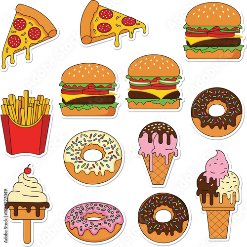 Colorful Food Montage: A vibrant collection of appetizing treats, including pizza slices, juicy burgers, crispy french fries, tempting donuts, and delectable ice cream cones.