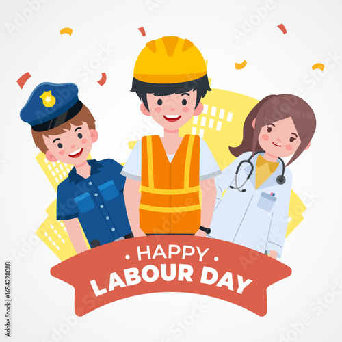 Happy Labour Day Vector Illustration with Cartoon Characters of Professions Vector set, Character set, anniversary day,ceremony , worker.