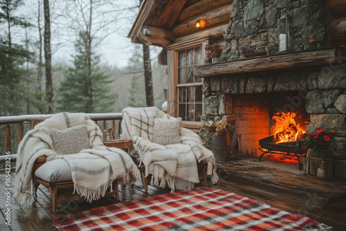 Fire crackling in cozy cabin fireplace, with blankets draped over chairs.