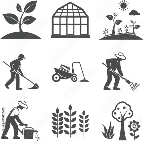 Vector art of set of icons representing gardening and agriculture activities