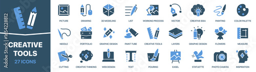 Creative tools icon collection. The set shows drawing, painting, modeling, and design instruments. Ideal for portfolios, digital creativity, graphic design, and artistic educational materials