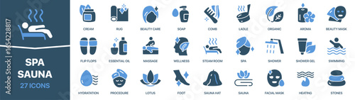 Spa and sauna icon collection. These icons highlight relaxation, massage, beauty care, and wellness treatments. Perfect for spa centers, beauty salons, and health related projects