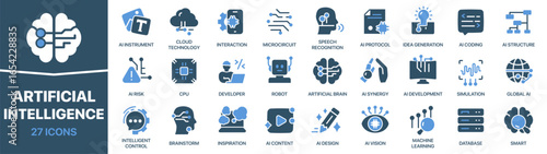 Artificial intelligence icon collection. The set includes robots, AI protocols, machine learning, neural networks, and data processing