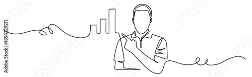 continuous line art of a man pointing at a rising graph. concept of success in business