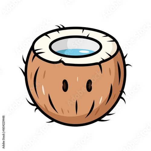 Whimsical illustration of a cute, happy coconut with a refreshing drink inside, perfect for summer vibes