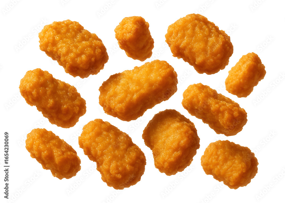 Crispy nugget pieces flying in the air.