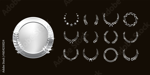 Silver award medal with set of various laurel wreaths. Metallic circle medallion, certificate, stamp, badge. Symbols of win, honor, prestige, achievement, excellence. Realistic vector illustration.