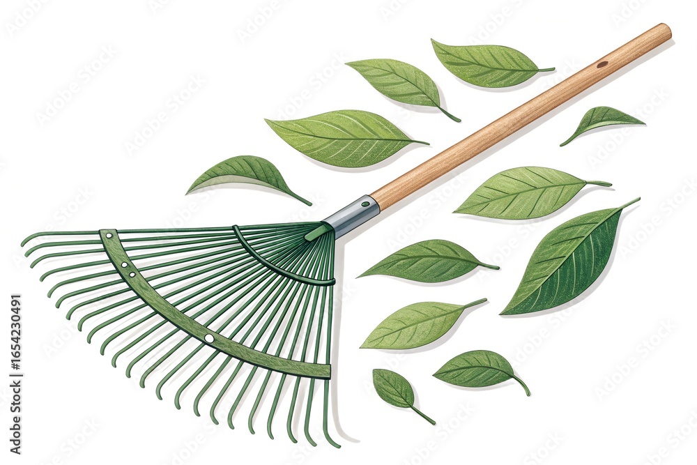 Obraz premium Rake with Green Leaves on White, Autumn Season, Gardening Tool