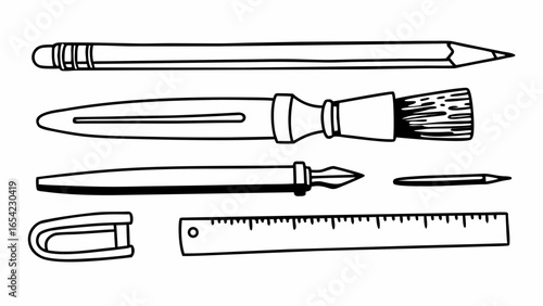 Illustration of drawing and painting tools including a pencil brush pen and ruler on white background "SVG"