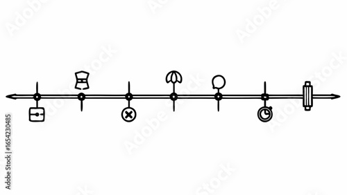 A linear timeline with various icons including a box, hourglass, x mark, umbrella and a clock icon "SVG"