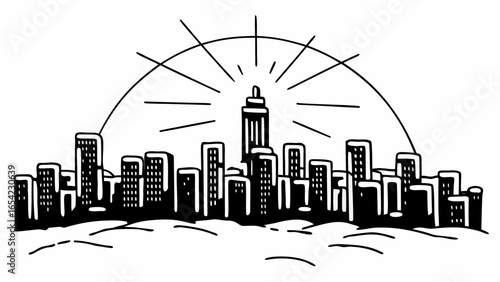 Cityscape silhouette with tall buildings and sun rays in black and white doodle style drawing art "SVG"