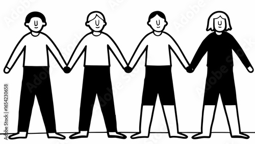 Four stylized figures holding hands in a line with alternating black and white clothing colors "SVG"