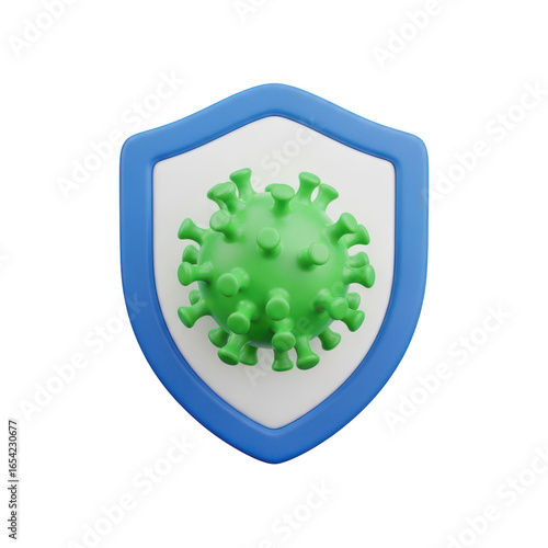 3d icon of green virus particle inside a blue and white shield, symbolizing protection and health, isolated on transparent background
