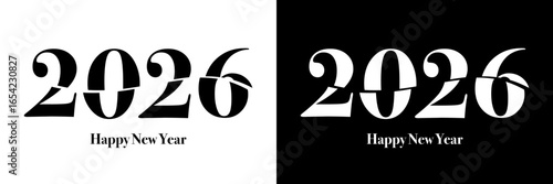2026 Happy New Year greeting card vector background. Black and white numbers 2026 with congratulation text. Festive holiday postcard, invitation, banner for social media.