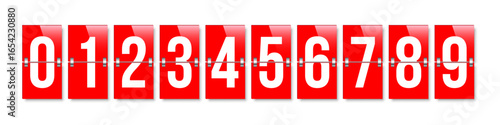 Flip countdown numbers set. Red flipboard display with numbers from 0 to 9 isolated on white background. Vector illustration in design of old-fashioned analog scoreboard or airport departure board.