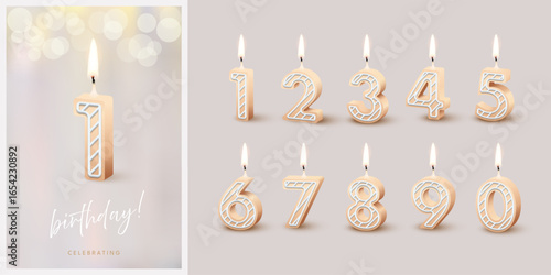 Birthday anniversary beige candles set template with number 1. Celebration birthday vector background. Beige wax numbers with candlelight on gray for party invitation, greeting card, poster, event.