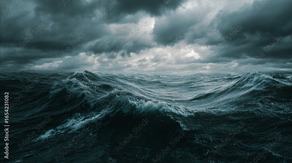 Fototapeta premium Atmospheric dramatic stormy sea with huge waves against cloudy sky