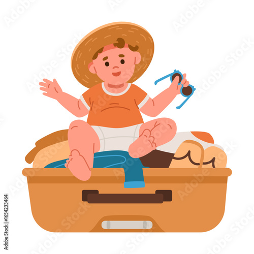 Cute happy baby in hat sitting in open suitcase with things inside holding sunglasses flat vector illustration isolated on white.