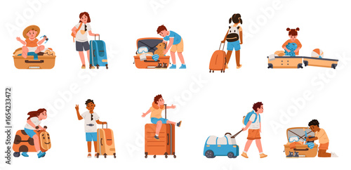 Children of different age and ethnicity with suitcases flat vector illustrations set isolated on white. Kids sitting in, walking with, standing near, packing, riding on suitcase.