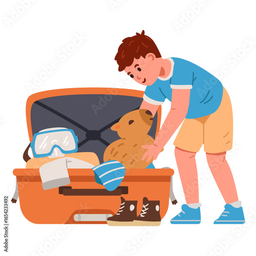 Cute happy boy packing suitcase putting a toy inside flat vector illustration isolated on white.