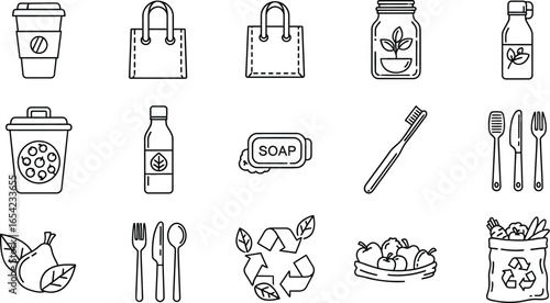 Collection of ecofriendly and sustainable products in line art style, promoting zero waste lifestyle