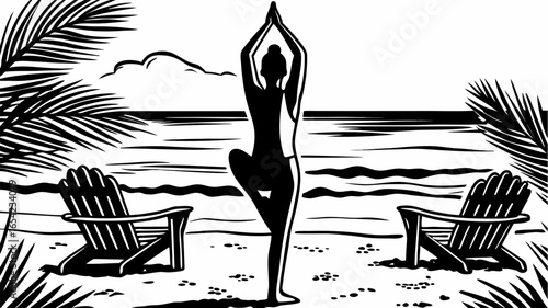 Woman in tree pose yoga on beach with adirondack chairs and palm trees in black and white illustration