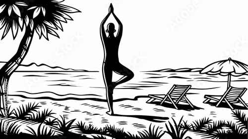 Silhouette of person in tree pose on beach with palm tree, chairs, and umbrella in black and white style
