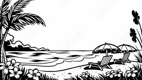 Black and white illustration of a beach scene with palm trees and beach chairs on the sand area