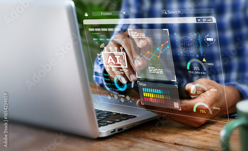 Businessman use artificial intelligence AI technology for enhanced work efficiency data analysis and efficient tools, Unlocking work potential with AI solutions chatbot help solve work problems.