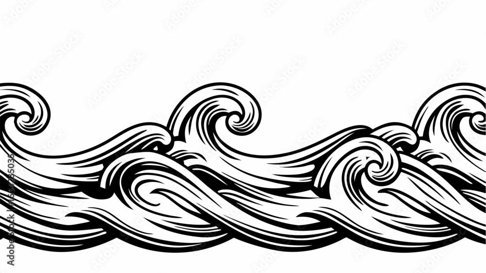 Fototapeta premium Illustration of a seamless pattern of stylized ocean waves in black and white with a dynamic and flowing design