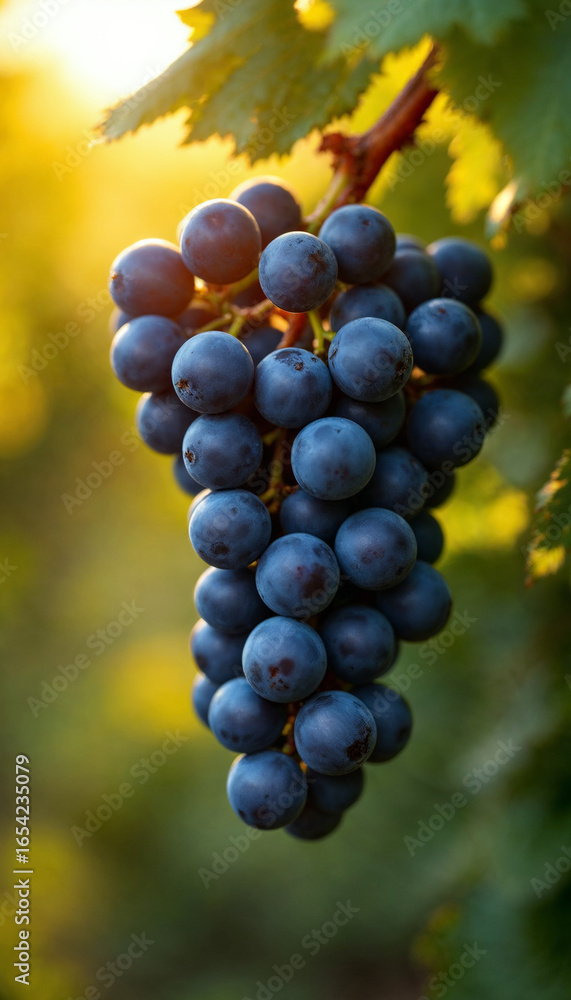 Fototapeta premium Close-up of glossy black grapes in vineyard, warm backlit and fresh.