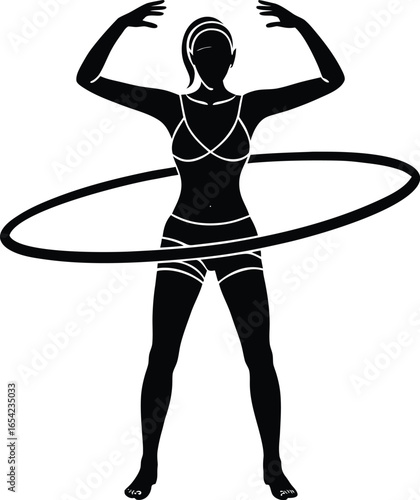 Silhouette of a woman hula hooping for fitness and exercise in black and white on white background