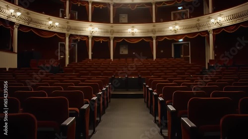 Empty theater seats lined up in rows facing the stage, under soft lighting