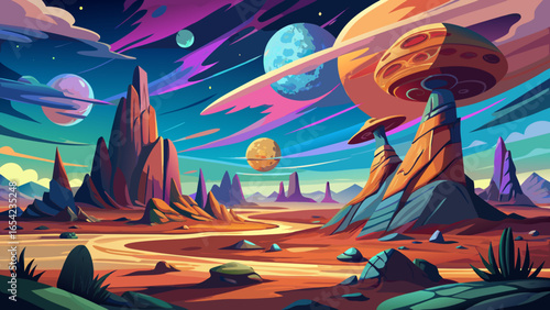 A surreal landscape unfolds on an alien planet, strange rock formations rising dramatically beneath colorful skies. Extraterrestrial environment glows mysteriously, blending vibrant hues, unearthly be