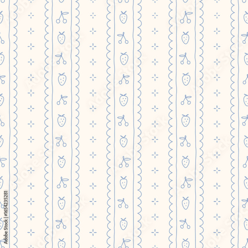 Hand drawn strawberry and cherry regency striped seamless pattern with a charming whimsical cottage core design. Soft blue pastel and nostalgic print. Perfect for textiles and vintage-inspired decor.