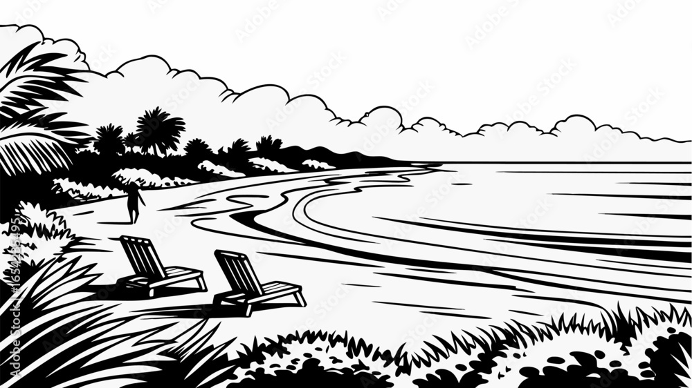 Fototapeta premium Black and white beach scene with two chairs person walking palm trees and clouds in the sky illustration