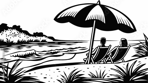 Couple relaxing in beach chairs under an umbrella enjoying the ocean view on a sunny day illustration