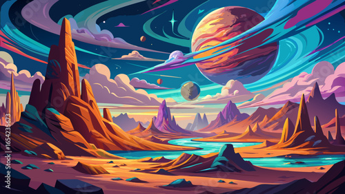 A surreal landscape unfolds on an alien planet, strange rock formations rising dramatically beneath colorful skies. Extraterrestrial environment glows mysteriously, blending vibrant hues, unearthly be