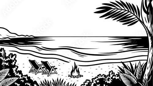 Black and white beach scene with two chairs, a fire, palm trees, and ocean waves in the background