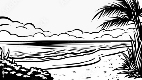 Black and white drawing of a beach scene with palm tree waves clouds and vegetation in a simple style