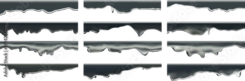 Black driping tar paint melt set and oil splatter vector effect. 3D liquid texture for Halloween graffiti or spooky zombie background. Oozing pattern or sticky chocolate dribbles for border designs.
