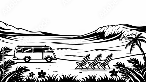 Black and white beach scene with a van, lounge chairs, palm tree, and ocean waves in a vintage illustration style